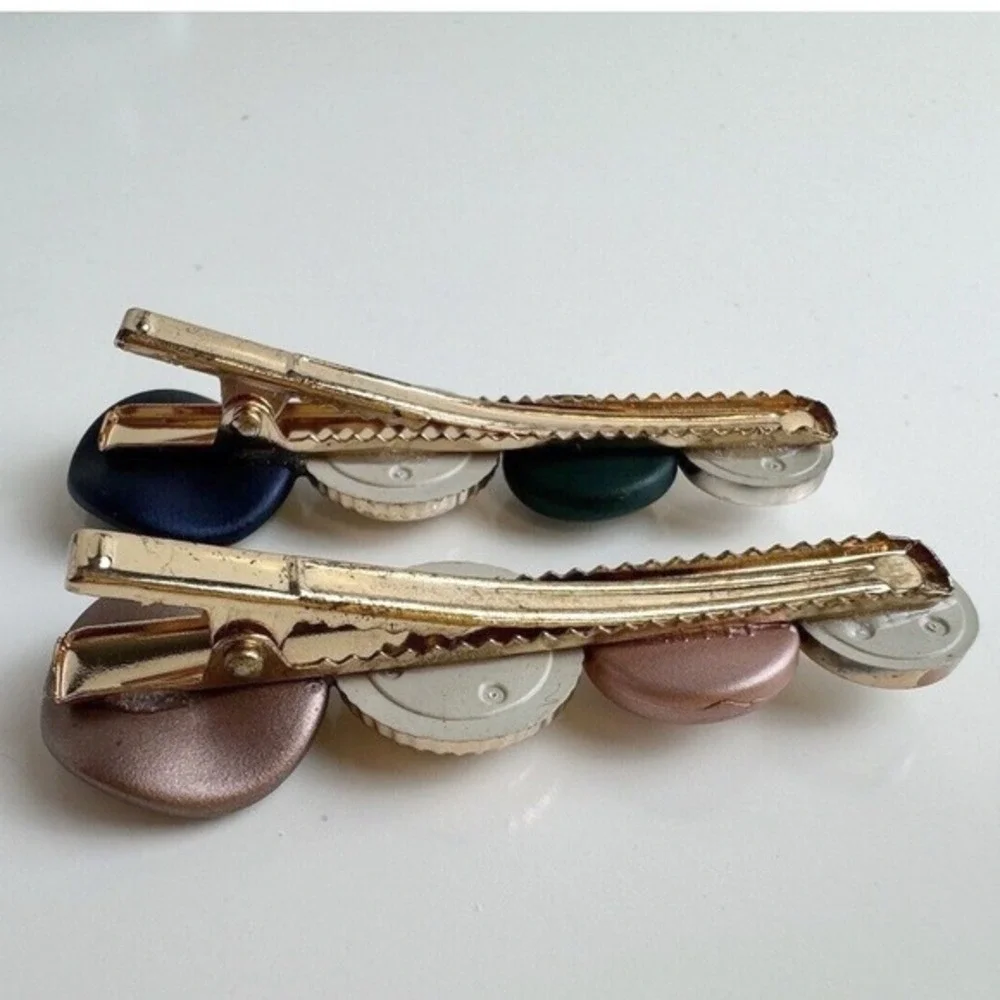 Set Multi Color Stone Gold Tone Alligator Hair Clips Navy Green Bronze Mauve J-0
